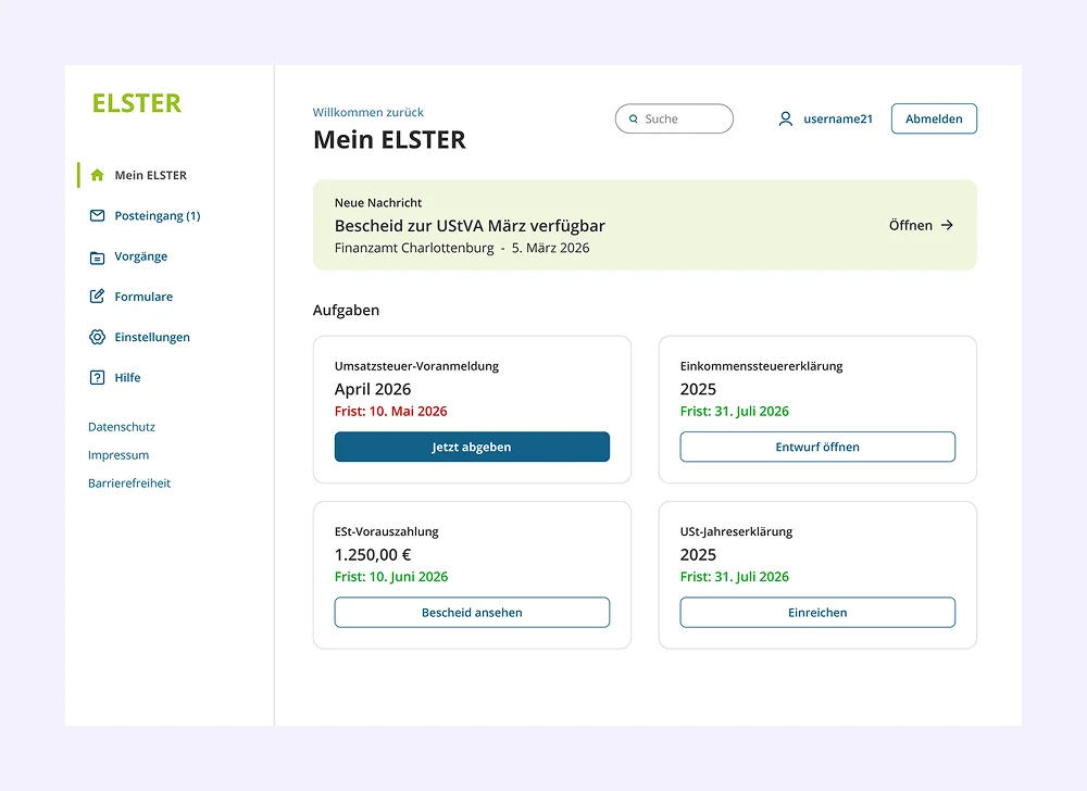 Annotiertes Mockup des redesignten ELSTER Dashboards mit Aufgaben-Kacheln, Nachrichten-Banner und aufgeräumter Navigation